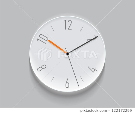 Simple light classic clock in realistic flat style, with a orange arrow and numbers. Time on white background. Business watch. Vector design element for you project 122172299