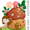 Mushroom cartoon house with girl and lollipop  122172348