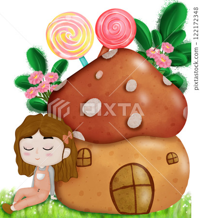 Mushroom cartoon house with girl and lollipop  Mushroom cartoon house with girl and lollipop  122172348