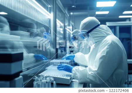 Scientists in protective suits working in a high-tech laboratory Scientists in protective suits working in a high-tech laboratory 122172406