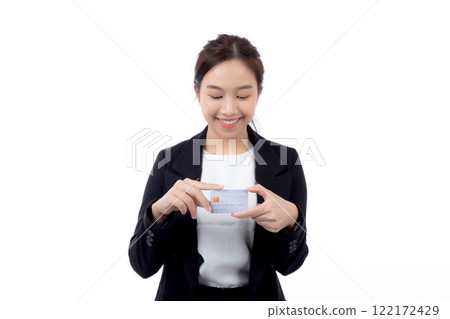 Portrait young asian businesswoman holding credit card or debit card smiling with confident isolated Portrait young asian businesswoman holding credit card or debit card smiling with confident isolated 122172429