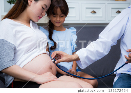 Pregnant woman checkup health with doctor with stethoscope. Pregnant woman checkup health with doctor with stethoscope. 122172434