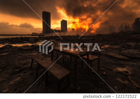 Abandoned furniture in destroyed cityscape at sunset against fiery background 122172522