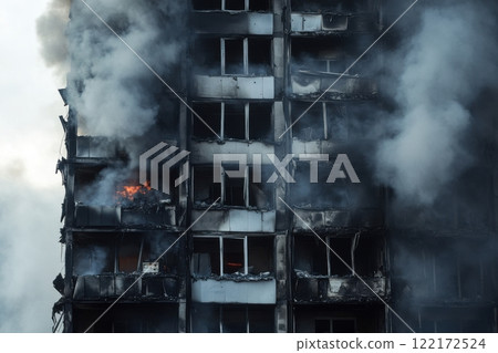 Burning building with heavy smoke during a dangerous fire disaster 122172524
