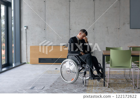 A sad and disheartened director in a wheelchair sitting alone in a large office, reflecting on the challenges and isolation that come with their professional responsibilities A sad and disheartened director in a wheelchair sitting alone in a large office, reflecting on the challenges and isolation that come with their professional responsibilities 122172622