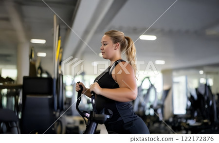 Plus size black woman in sportswear pushing through a workout at the gym, sweat dripping from her focused face. Generated image 122172876