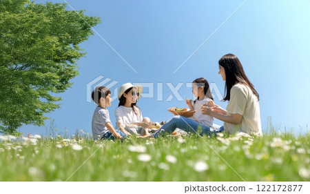 A joyful family enjoying a picnic together in nature on a sunny day. Generated image 122172877