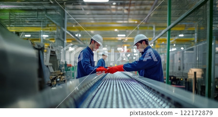 Engineers Inspecting Conveyor Belt Quality in a Modern Factory. Generated image  122172879