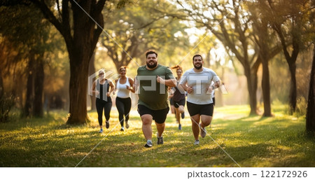 Team of young plus-size men and women running together in the park, training outdoors in autumn. Generated image 122172926