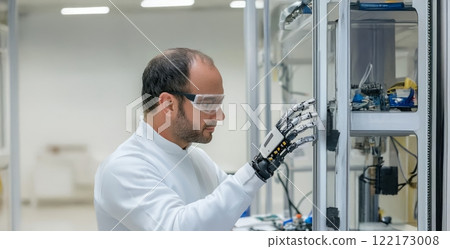 Robotics engineer calibrating a robotic prosthetic hand, showcasing advanced medical technology. Generated image 122173008