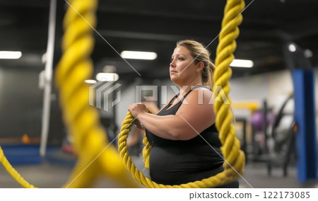 Plus size woman focused on training with battle ropes in the gym, showcasing strength and determination. Generated image 122173085