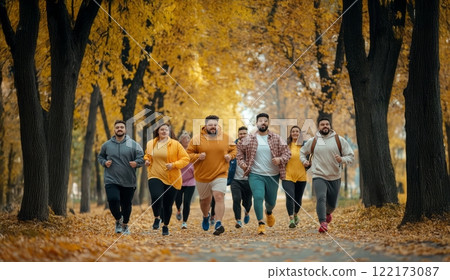 Team of young plus-size men and women running together in the park, training outdoors in autumn. Generated image Team of young plus-size men and women running together in the park, training outdoors in autumn. Generated image 122173087