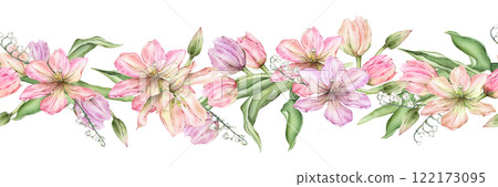 Seamless banner of light Pastel colors bud Tulips and lily of the valley. Watercolor illustration isolated on background. Hand drawn delicate spring flower for spring wedding design or border 122173095