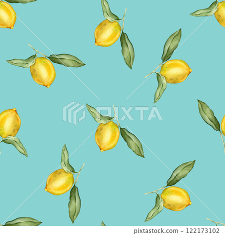 Seamless pattern with watercolor illustration of Lemon or Lime. Hand painted lemon branche with green leaves on white isolated background for juice label or icon. 122173102