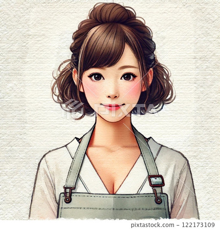 A watercolor painting of a cute Japanese woman wearing an apron 122173109