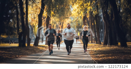 Team of young plus-size men and women running together in the park, training outdoors in autumn. Generated image 122173124