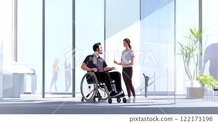 A diverse group of office workers, including a person in a wheelchair, discussing business moments in a modern office setting. Generated image 122173196
