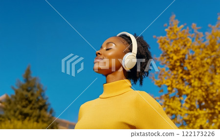 Curvy African woman running in a city park on a crisp autumn morning, wearing headphones.. Generated image Curvy African woman running in a city park on a crisp autumn morning, wearing headphones.. Generated image 122173226