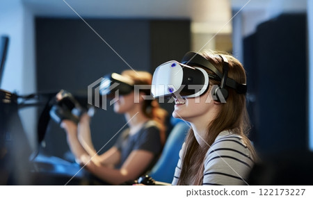 A group of people playing video games with virtual reality headsets during a team-building activity. Generated image 122173227