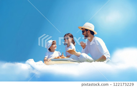A joyful family enjoying a picnic together in nature on a sunny day. Generated image 122173229