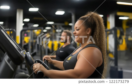 Plus Size Woman Training with Personal Trainer in Modern Gym. Generated image Plus Size Woman Training with Personal Trainer in Modern Gym. Generated image 122173279