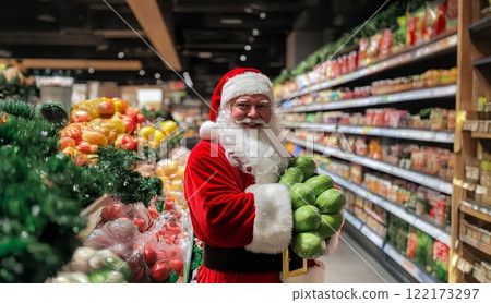 Santa Claus Shopping in a Festive Green Suit at a Grocery Store. Generated image 122173297