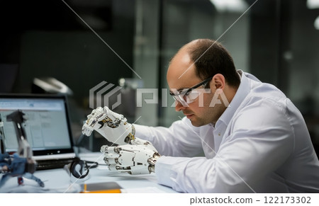 Robotics engineer calibrating a robotic prosthetic hand, showcasing advanced medical technology. Generated image Robotics engineer calibrating a robotic prosthetic hand, showcasing advanced medical technology. Generated image 122173302