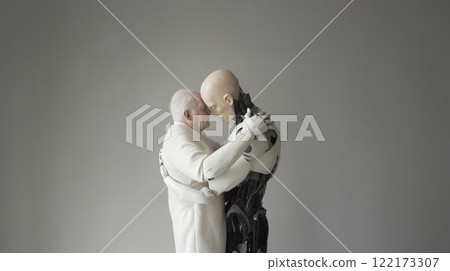 Humanoid robot assisting an elderly man by carrying him, showcasing advanced robotics in healthcare. Generated image 122173307