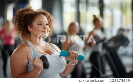 Plus size woman lifting dumbbells and training indoors at the gym, showcasing strength and determination. Generated image 122173409