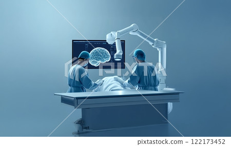 A doctor and a neurologist using robotic technology with AI software to examine a patient's brain. Generated image 122173452