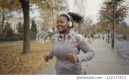 Tired Plus-Size African Woman Running in a City Park on an Autumn Morning with Headphones. Generated image 122173472