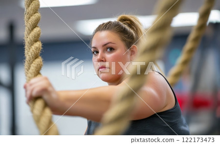 Plus size woman focused on training with battle ropes in the gym, showcasing strength and determination. Generated image Plus size woman focused on training with battle ropes in the gym, showcasing strength and determination. Generated image 122173473