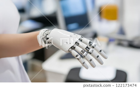 Robotics engineer calibrating a robotic prosthetic hand, showcasing advanced medical technology. Generated image 122173474