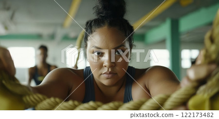 Plus size woman focused on training with battle ropes in the gym, showcasing strength and determination. Generated image 122173482