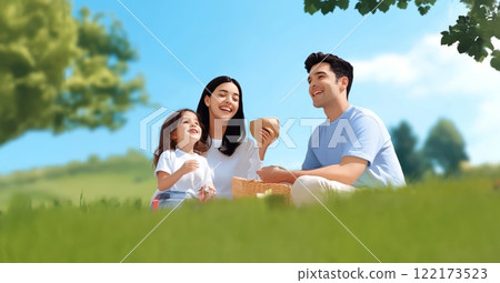 A joyful family enjoying a picnic together in nature on a sunny day. Generated image A joyful family enjoying a picnic together in nature on a sunny day. Generated image 122173523