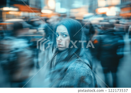 A woman experiencing a panic attack in a busy city street, surrounded by a crowd yet feeling isolated and overwhelmed. Generated image  122173537