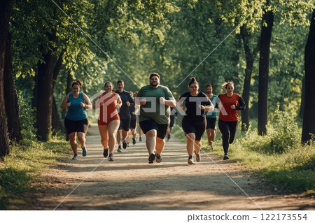 Team of young plus-size men and women running together in the park, training outdoors in autumn. Generated image Team of young plus-size men and women running together in the park, training outdoors in autumn. Generated image 122173554