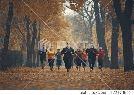 Team of young plus-size men and women running together in the park, training outdoors in autumn. Generated image 122173605
