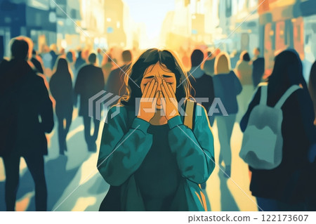 A woman experiencing a panic attack in a busy city street, surrounded by a crowd yet feeling isolated and overwhelmed. Generated image  A woman experiencing a panic attack in a busy city street, surrounded by a crowd yet feeling isolated and overwhelmed. Generated image  122173607