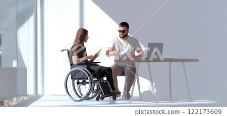 A diverse group of office workers, including a person in a wheelchair, discussing business moments in a modern office setting. Generated image A diverse group of office workers, including a person in a wheelchair, discussing business moments in a modern office setting. Generated image 122173609