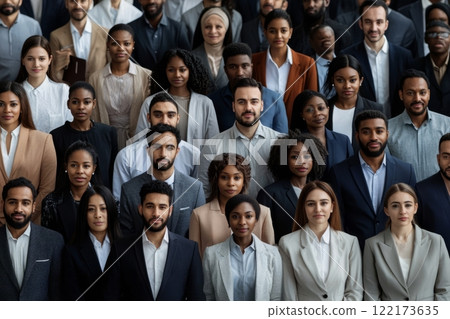 A diverse group of people from various races, ages, and beliefs smiling together at the camera. Generated image 122173635