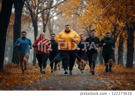 Team of young plus-size men and women running together in the park, training outdoors in autumn. Generated image 122173638