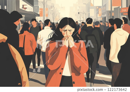 A woman experiencing a panic attack in a busy city street, surrounded by a crowd yet feeling isolated and overwhelmed. Generated image  122173642