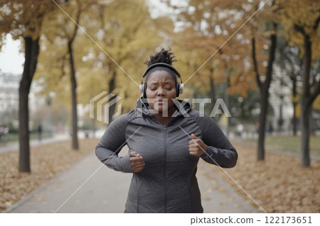 Tired Plus-Size African Woman Running in a City Park on an Autumn Morning with Headphones. Generated image 122173651