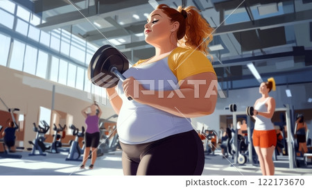 Plus size woman lifting dumbbells and training indoors at the gym, showcasing strength and determination. Generated image 122173670