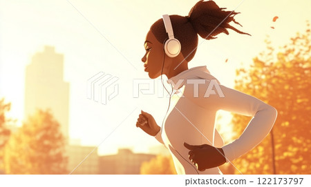 Curvy African woman running in a city park on a crisp autumn morning, wearing headphones.. Generated image 122173797