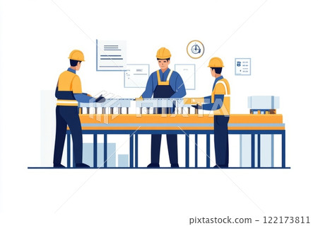 Engineers Inspecting Conveyor Belt Quality in a Modern Factory. Generated image  122173811