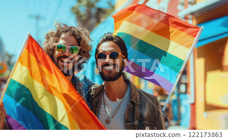 Happy multietnis gays mens having fun holding rainbow flag symbolizing LGBTQ community. 122173863