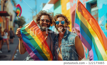 Happy multietnis gays mens having fun holding rainbow flag symbolizing LGBTQ community. 122173865