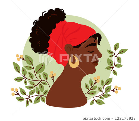 Cute African American woman. Portrait in profile with branches with leaves. Vector illustration 122173922